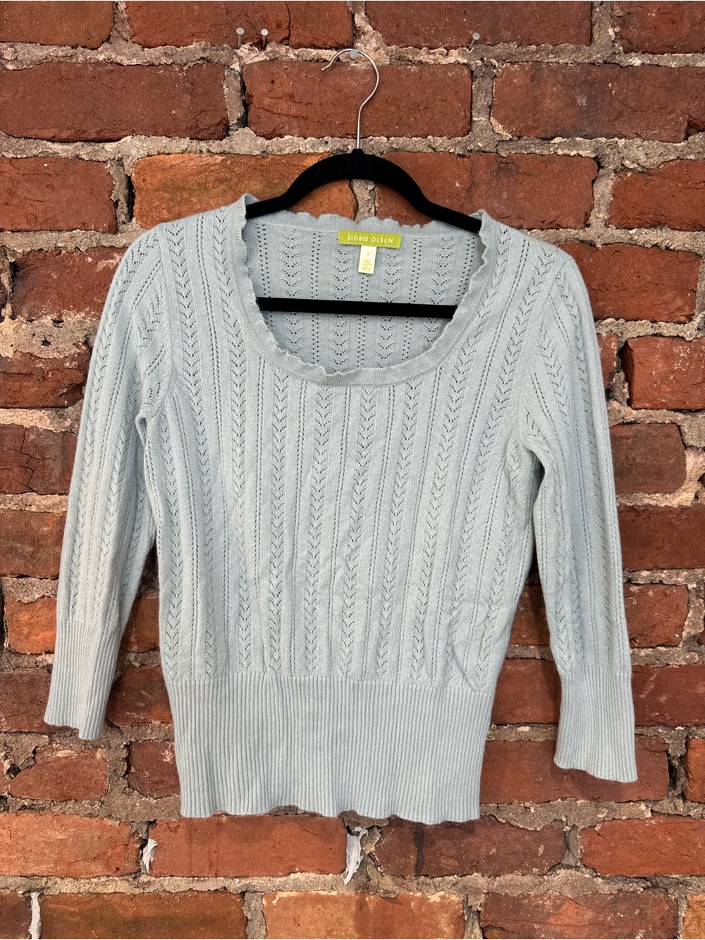 Sigrid Olsen Women’s Pale Blue Ruffle Scoop-Neck Sweater (56% Silk / 13% Rabbit)